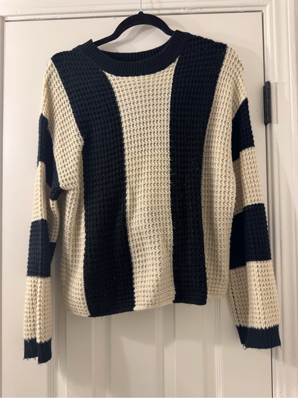 Striped Black and Cream Waffle Knit Sweater Set - Women